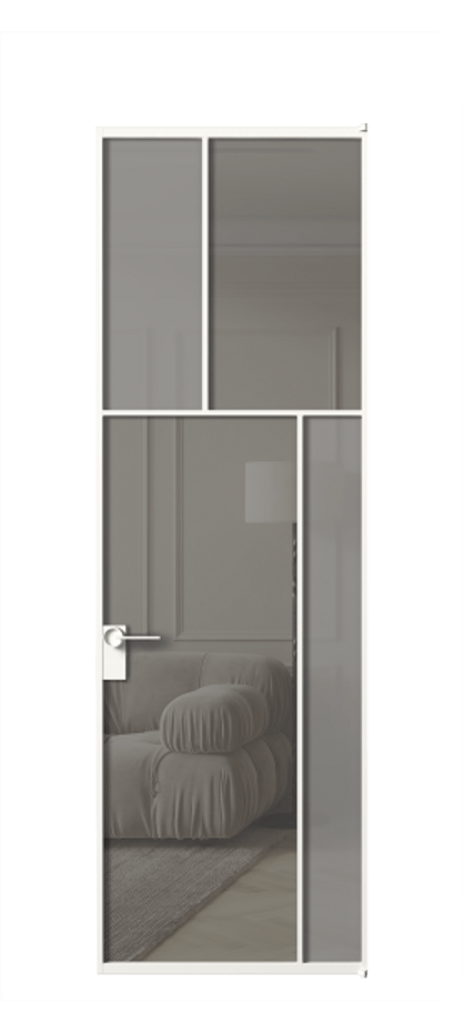 Межкомнатная дверь Mosaic АЛПЛ041.23 Алюминий Белый Сатинированное серое стекло, триплекс, 6 мм + Прозрачное серое стекло, триплекс Цена 160070 ₽ | Volhovec