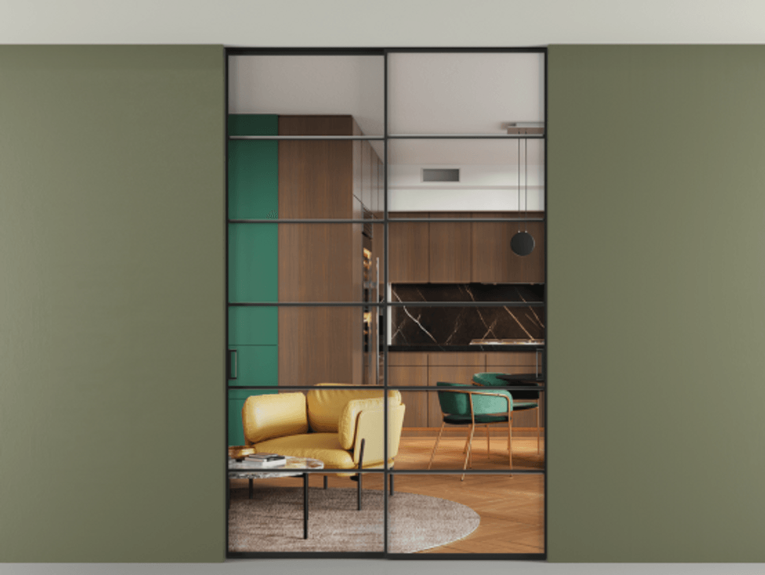 Перегородка Формато внутри проёма скрытое крепление в потолок 2 створки АЛПР 040.04 Алюминий Черный Прозрачное стекло "Кристал Вижн", калёное Цена 275964 ₽ | Volhovec