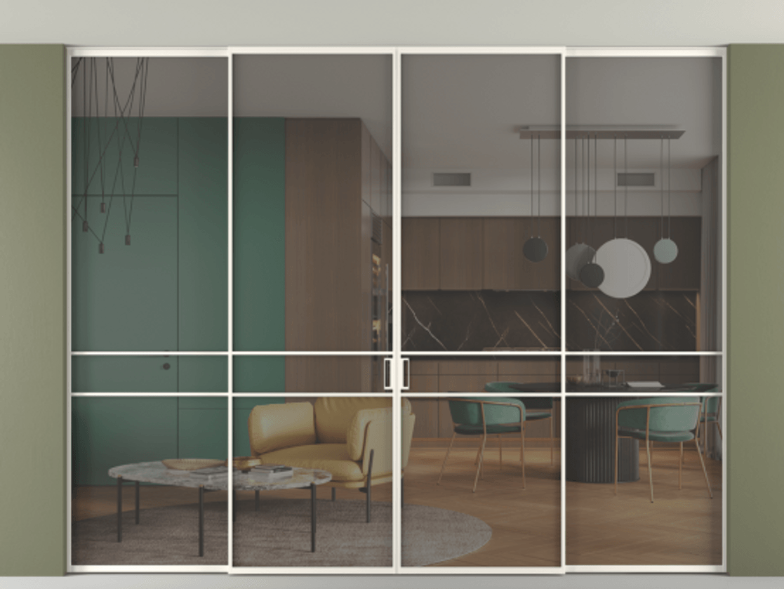 Перегородка Formato внутри проёма скрытое крепление в потолок 4 створки АЛПР 040.02 Алюминий пудровый белый Прозрачное серое стекло, триплекс Цена 457052 ₽ | Volhovec