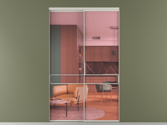 Алюминевая перегородка vn2_02_ Алюминий тёплый серый Прозрачное розовое стекло, триплекс, 6мм. Цвет Алюминий тёплый серый. Материал Алюминий в эмали. Коллекция Перегородка Формато внутри проёма 2 створки. Картинка.