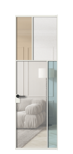 Дверь межкомнатная АЛПЛ041.23 АССР 4 стекла. Цвет Алюминий светло-серый. Материал Алюминий в эмали. Коллекция Mosaic. Картинка.