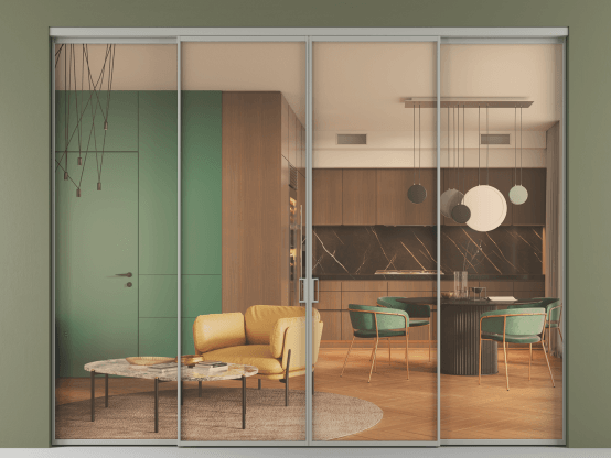 Алюминевая перегородка АЛПР 040.01_АНСР_ПРОЗ ОРАНЖ_new. Цвет Алюминий нейтральный серый. Материал Алюминий в эмали. Коллекция Перегородка Формато внутри проёма 4 створки. Картинка.