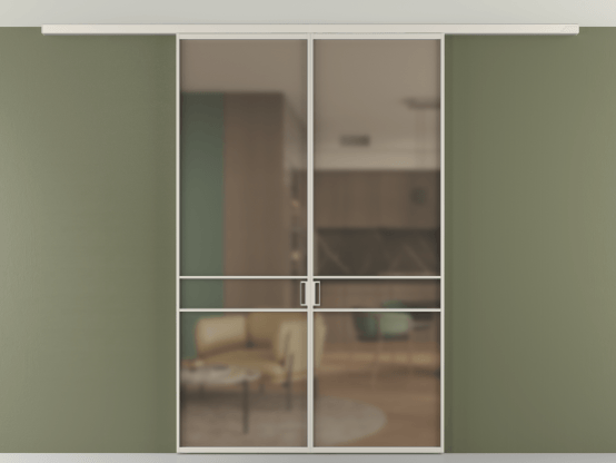 Алюминевая перегородка АЛПР 040.02_АОС_Бронза сатин триплекс_new. Цвет Алюминий облачно-серый. Материал Алюминий в эмали. Коллекция Перегородка Формато вдоль стены на потолок 2 створки. Картинка.