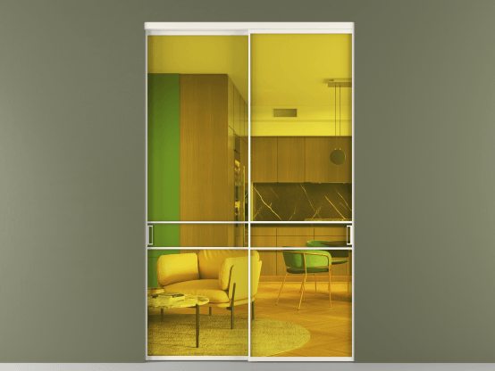 Алюминевая перегородка vn2_02_ Алюминий пудровый белый Прозрачное жёлтое стекло, триплекс, 6мм. Цвет Алюминий пудровый белый. Материал Алюминий в эмали. Коллекция Перегородка Формато внутри проёма 2 створки. Картинка.