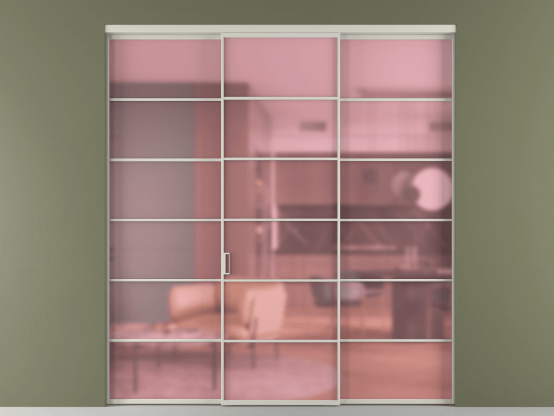 Алюминевая перегородка vn1+2_04_ Алюминий тёплый серый Сатинированное розовое стекло, триплекс, 6мм. Цвет Алюминий тёплый серый. Материал Алюминий в эмали. Коллекция Перегородка Формато внутри проёма 3 створки. Картинка.